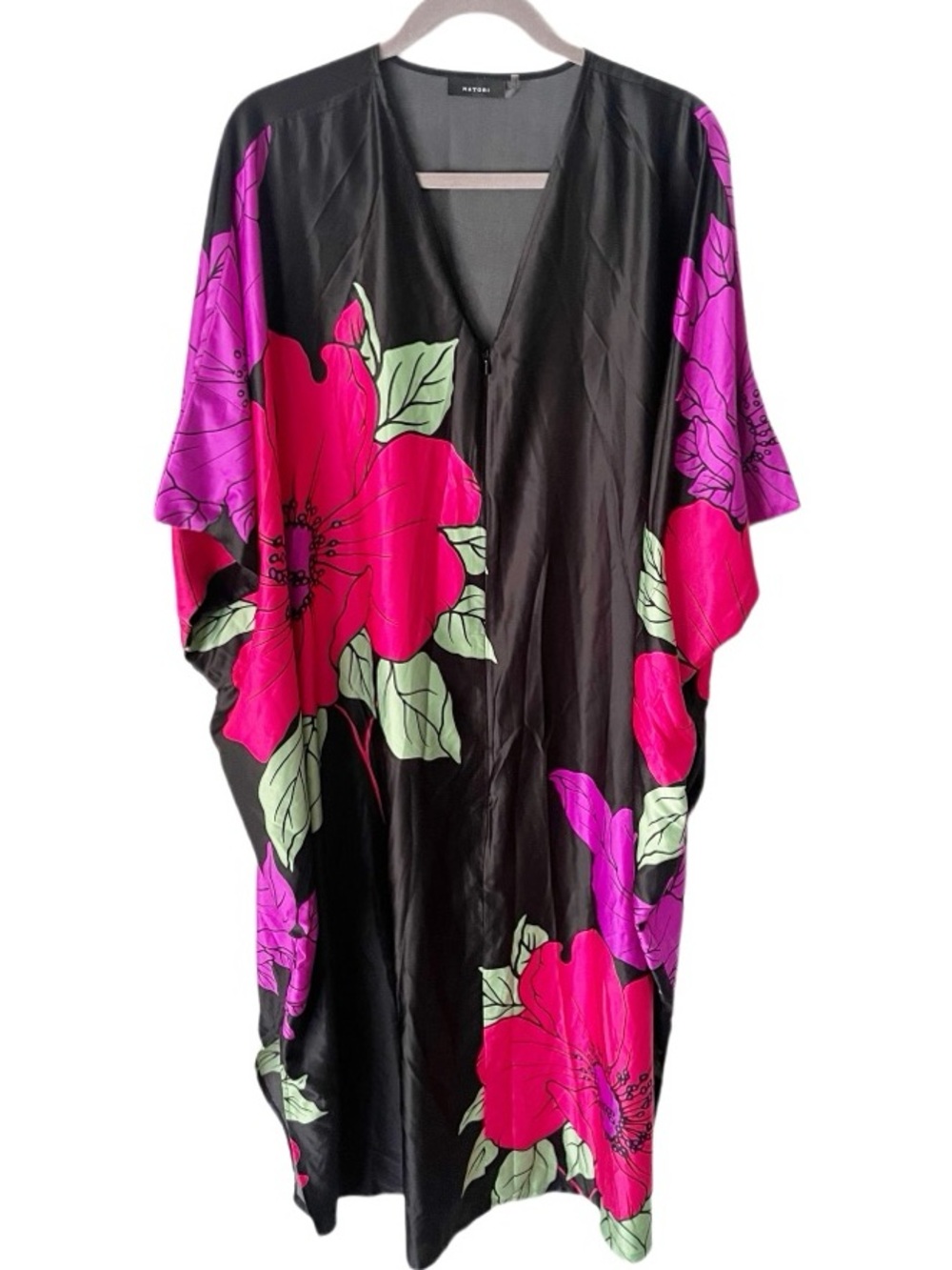 Natori Exotica Zip Caftan Size XL Maxi Duster Length Floral Maximalist Elegant
